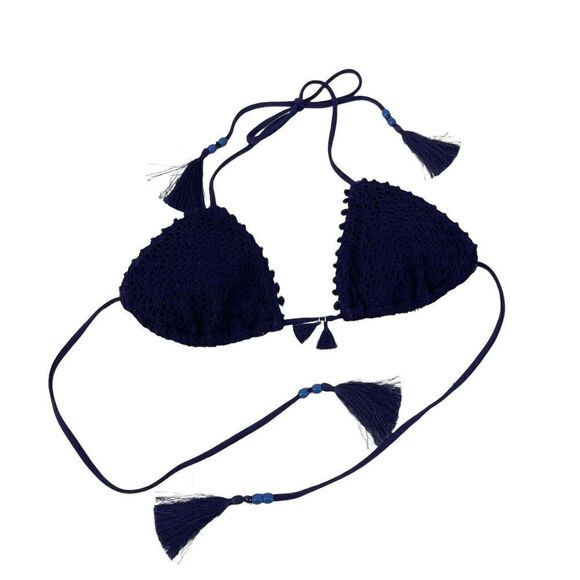 Victorias Secret Teeny Triangle Bikini Top Navy Blue Tassel Crochet Lace Size M - Picture 1 of 10
